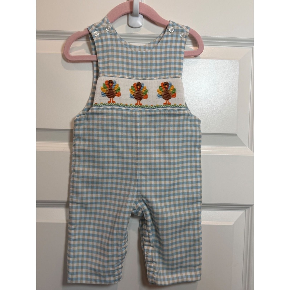 40. Anavini Hand Smocked Turkey Gingham Jon Jon Blue Tan Thanksgiving 9m